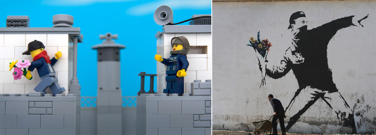 Lego Banksy bouquet thrower; Strong-arm Flower Delivery specializes in tragically forbidden love.
