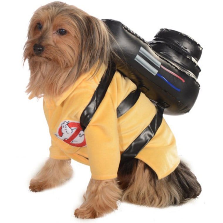 Who ya gonna call? WOOFBUSTERS! The Ghostbusters Dog Costume includes shirt, and backpack. This is an officially licensed Ghostbusters costume.
http://www.buycostumes.com/p/806127/ghostbusters-dog-costume
