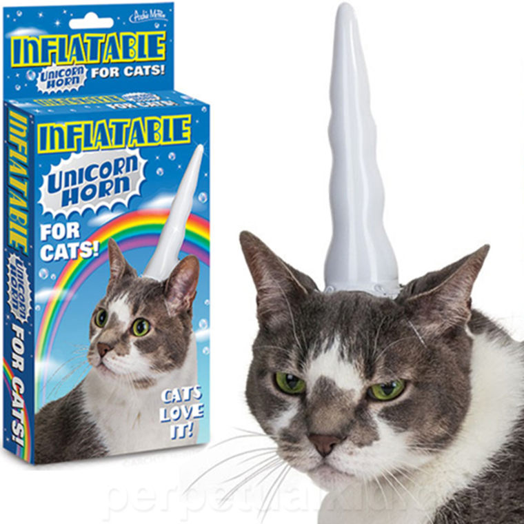 http://www.perpetualkid.com/inflatable-unicorn-horn-for-cats.aspx


Your cat like to show off that its all standoffish and in control, but you could turn all that around with our Inflatable Unicorn Horn For Cats.  For an immediate attitude adjustment just blow up the horn, attach it to your cats head with the easy four-point elastic strap system and get ready for some feline-tastic fun!

Your cat will thank you because they'll no longer be just a regular cat, they'll be a uni-cat!  They'll think its really cool and want to wear it in front of other cats and your company.  But seriously, its not at all even a little bit humiliating for your kitty.  To be completely honest, some people have reported that it turned their cat into a jerk.

Oh, and don't forget to pick up our Inflatable Unicorn Horn (for humans) so you guys can go to couples costume parties!
