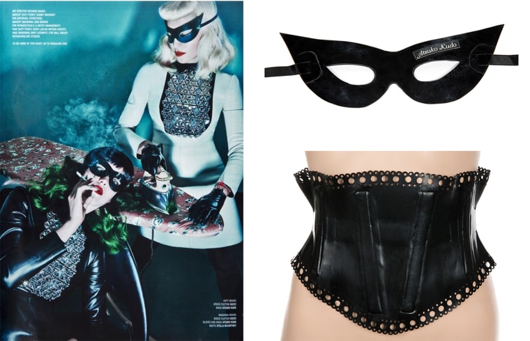 An Atsuko Kudo couture latex black cat eye mask with satin ribbon ties worn by Katy Perry in the Summer 2014 issue of V magazine. The magazine spread is titled \"Bonding Sessions\" and features Perry and Madonna with the photography shot by renowned fashion photographer Steven Klein and fashion chosen by Hollywood costume designer Arianne Phillips. Accompanied by a copy of the magazine. Originally obtained through SHOWstudio, the award-winning multimedia fashion production company founded by renowned fashion photographer Nick Knight.