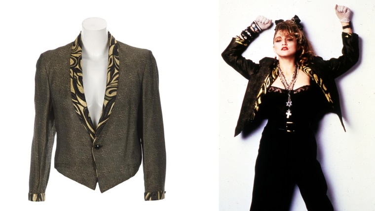 A custom made cropped tuxedo jacket worn by Madonna and Rosanna Arquette in Desperately Seeking Susan (Orion Pictures, 1985). The jacket is important in the film, as the acquisition of it from Madonna's character by Arquette's character causes the mistaken identity that is central to the plot and is also seen in the \"Get into the Groove\" music video. The jacquard jacket has a gold mosaic motif with black collar, lapels, and cuffs woven with a gold lamÃ© pattern and a jet-like button closure. The back of the jacket features a trapunto gold eyelash lamÃ© pyramid with bead embellishment surrounding the top, and a red felt banner with braided trim and hand stenciled \"NOVUS ORDO SECLORUM\" which translates to \"The new order is dispatched.\" The interior pocket has a label that reads \"S.Malfetano, tailor and clothier\" and is inscribed \"70 Cadit.\" Costume design Santo Loquasto. Accompanied by a copy of the film.