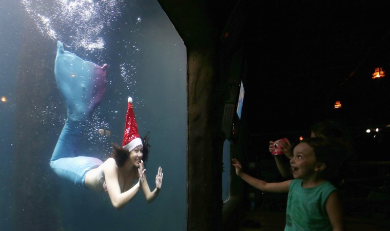 Image: Visitor waves to a woman dressed as a mermaid wearing a Santa Claus cap as she performs from inside a tank at the Sao Paulo Aquarium