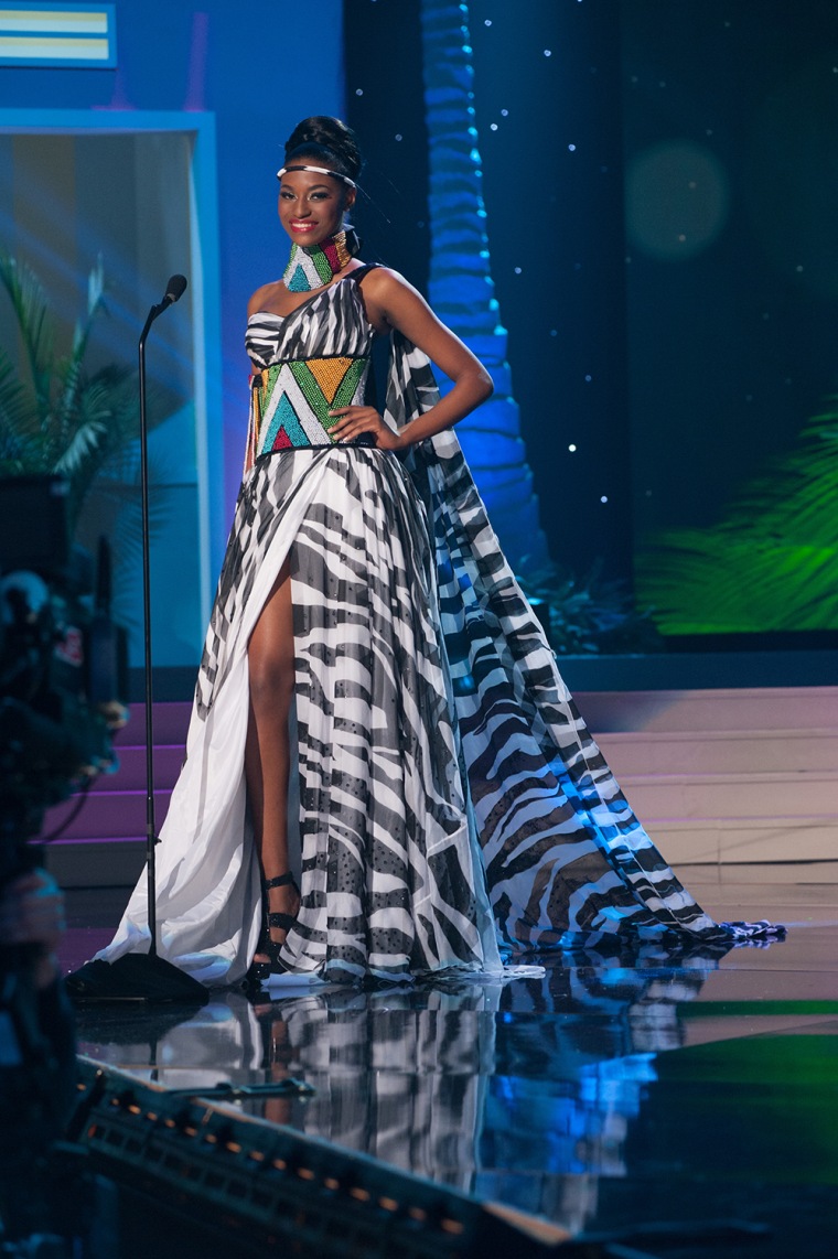 DORAL, FL - JANUARY 23: Zuleica Wilson, Miss Angola 2014 poses is her evening  gown for The