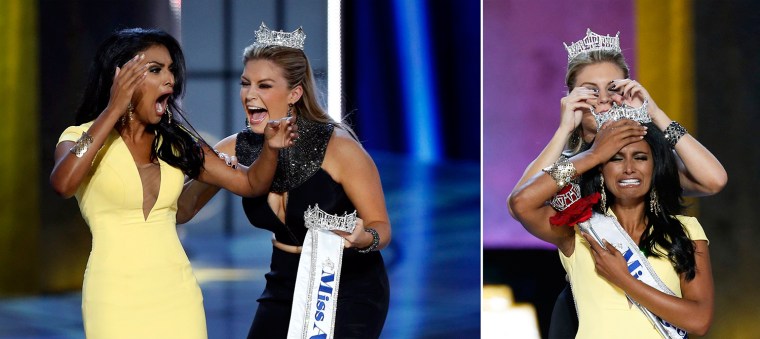 RNPS - PICTURES OF THE YEAR 2013 - Miss America contestant, Miss New York Nina Davuluri (L) reacts with 2013 Miss America Mallory Hagan after being chosen winner of the 2014 Miss America Pageant in Atlantic City, New Jersey, September 15, 2013. REUTERS/Lucas Jackson (UNITED STATES - Tags: ENTERTAINMENT SOCIETY TPX)