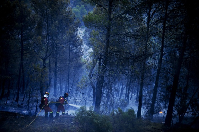 Image: Members of the Spanish Emergency Army work to extinguish a forest fire