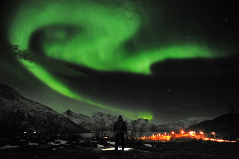 Image: A general view of the aurora borealis near the city of Tromsoe in northern Norway
