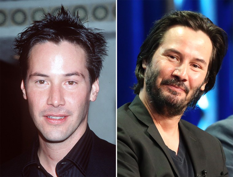Left:374781 01: 03/24/99. Westwood, CA. Keanu Reeves arrives at the world premiere showing of the new film \"The Matrix\" at the Mann's Village Theatre. Photo Brenda Chase/Online USA, Inc.

Right: BEVERLY HILLS, CA - AUGUST 06:  Host/producer Keanu Reeves speaks onstage during the \"Side by Side\" panel at the PBS portion of the 2013 Summer Television Critics Association tour at the Beverly Hilton Hotel on August 6, 2013 in Beverly Hills, California.  (Photo by Frederick M. Brown/Getty Images)