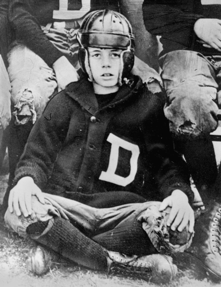 Here is John F. Kennedy as he appeared in the football uniform of the Dexter School, a private elementary school in Brookline, MA.  The picture was taken in 1927.  (AP Photo/Boston Globe)