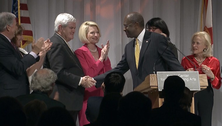 Image taken from video. Herman Cain endorses Newt Gingrich at a campaign event on Saturday, Jan. 28, 2012 in West Palm Beach, Fla.