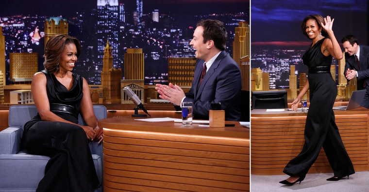 THE TONIGHT SHOW STARRING JIMMY FALLON -- Episode 0004 -- Pictured: (l-r) First Lady Michelle Obama during an interview with host Jimmy Fallon on February 20, 2014 -- (Photo by: Lloyd Bishop/NBC/NBCU Photo Bank)

THE TONIGHT SHOW STARRING JIMMY FALLON -- Episode 0004 -- Pictured: (l-r) First Lady Michelle Obama arrives as host Jimmy Fallon looks on on February 20, 2014 -- (Photo by: Lloyd Bishop/NBC/NBCU Photo Bank via Getty Images)
