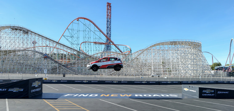 Television star and former professional skateboarder, Rob Dyrdek sets a GUINNESS WORLD RECORDSÂ® record for the Farthest Reverse Ramp Jump by a Car Thursday, February 13, 2014 in a 2014 Chevrolet Sonic RS Turbo in Valencia, California. The Sonic, starting under $15,000, is the only sub-compact assembled in the U.S. and comes with the most standard safety equipment in the sub-compact class, including 10 air bags. (Chevrolet News Photo)