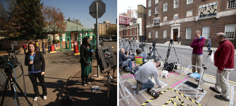 Image: Members of the news media gather outside the Mediclinic Heart Hospital in Pretoria where Nelson Mandela is undergoing treatment, left, and outside Saint Mary's Hospital in west London, right, where the royal baby is expected to be born.