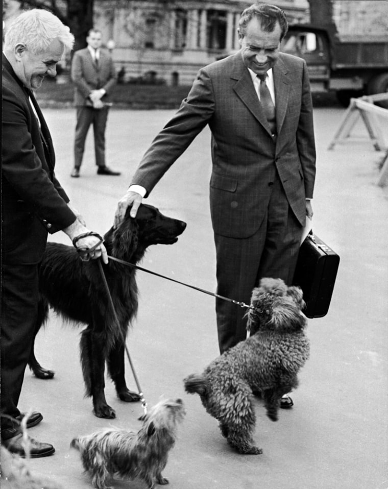 President Nixon Pets His Dogs After Speech