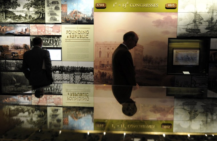 People look over the displays at the new Capitol Visitor Center on Capitol Hill in Washington, Monday, Nov. 10, 2008. (AP Photo/Susan Walsh)