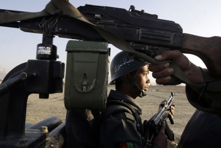 An Afghan policeman is seen alert during a routine patrol in Kabul, Afghanistan, on Saturday, Dec. 6, 2008. Militant suicide bombings and ambushes last year killed more than 900 Afghan police. (AP Photo/Musadeq Sadeq)
