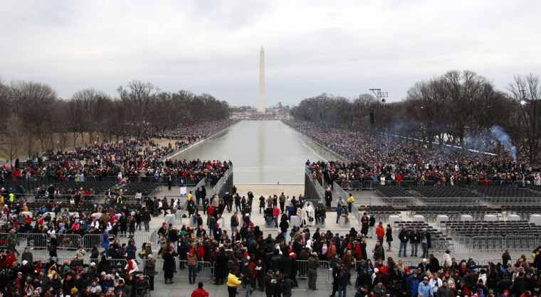 Crowds gather on the Mall looking toward the Washington Monument for the 'We Are One'  Inaugural Celebration at the Lincoln Memorial in Washington D.C.