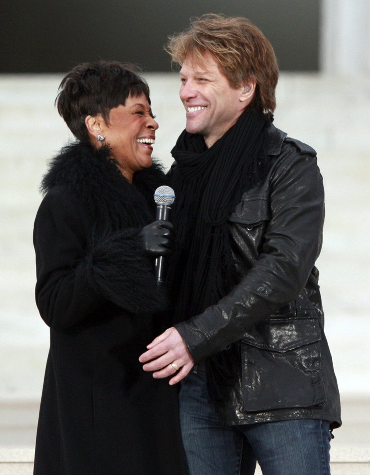 Bettye Lavette and Jon Bon Jovi smile after singing at the We Are One: Inaugural Celebration at the Lincoln Memorial in Washington