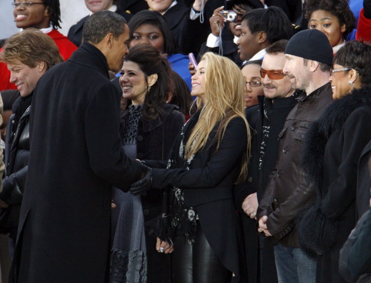 President-elect Obama greets Jon Bon Jovi, Marisa Tomei, Shakira, Bono, The Edge, Bettye Lavette during the We Are One - Opening Inaugural Celebration at the Lincoln Memorial in Washington