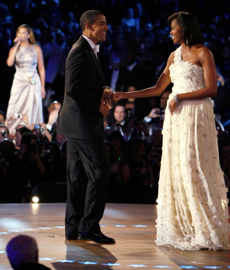 U.S. President Barack Obama and first lady Michelle Obama are serenaded by Beyonce in their first dance of the night at the Leadoff Neighborhood Inaugural Ball in Washington