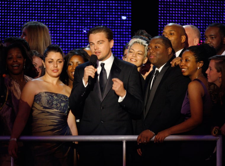 Actor Leonardo DiCaprio speaks during the Neighborhood Inaugural Ball in Washington