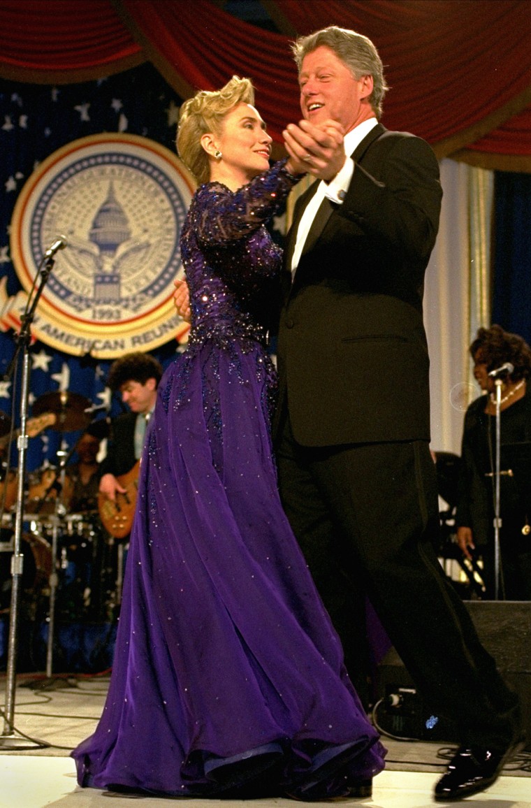 President and Mrs. Clinton dance at the Arkansas Ball, Wednesday night, January 20, 1993, at the Washington Convention Center.  (AP Photo/Greg Gibson)