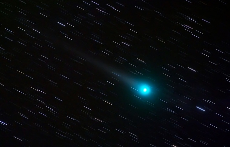 Comet Lulin is seen in the early morning sky during this half-hour time exposure photographed with a 300 mm telephoto lens on Monday, Feb. 23, 2009, in Stedman, N.C. The lens tracked the comet during the exposure. This rendered background stars as short streaks. On Monday at 10:43 p.m. EST, Lulin will be 38 million miles from Earth, the closest it will ever get, according to Donald Yeomans, manager of NASA's Near Earth Object program. (AP Photo/The Fayetteville Observer, Johnny Horne)