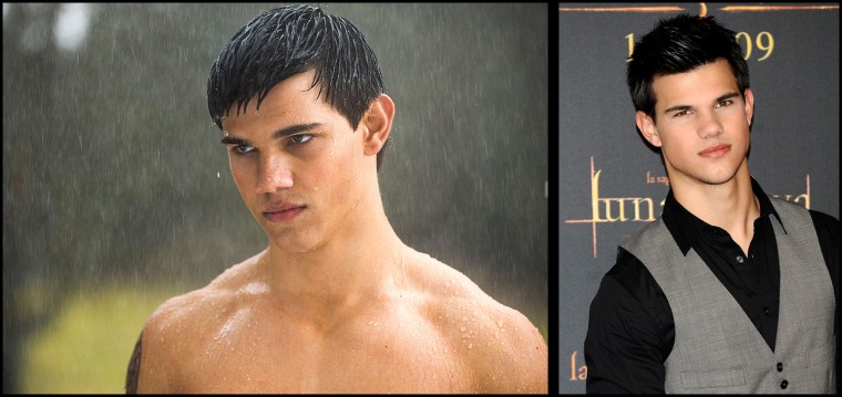 (left) Jacob (Taylor Lautner) 
(right) Actor Taylor Lautner attends \"The Twilight Saga: New Moon\" photocall at Villa Magna Hotel  on November 12, 2009 in Madrid, Spain.  (Photo by Carlos Alvarez/Getty Images)