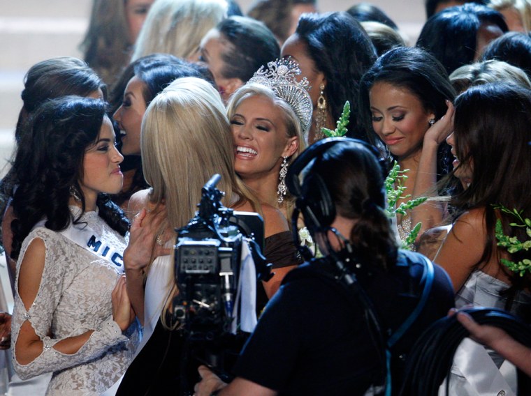Miss North Carolina Dalton is congratulated by the other contestants after being crowned Miss USA 2009 in Las Vegas