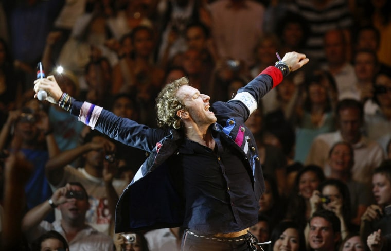 Chris Martin from the band Coldplay performs during a concert in Singapore