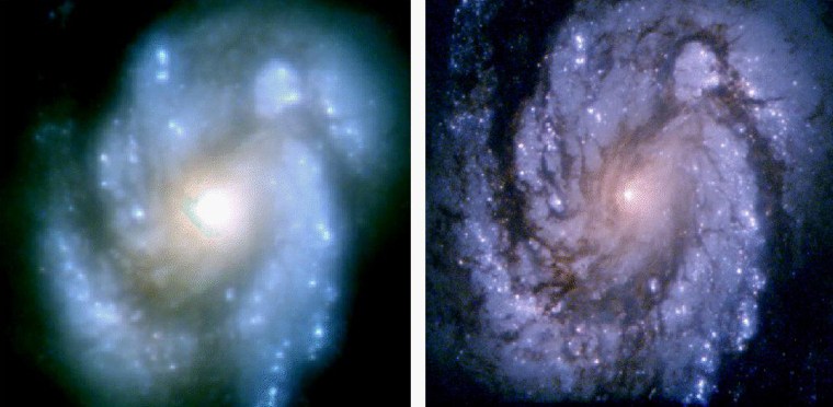 This comparison image of the core of the galaxy M100 shows the dramatic improvement in Hubble Space Telescope's view of the universe. The new image was taken with the second generation Wide Field and Planetary Camera (WFPC-2) which was installed during the STS-61 Hubble Servicing Mission. The picture beautifully demonstrates that the corrective optics incorporated within the WFPC-2 compensate fully for optical aberration in Hubble's primary mirror. The new camera will allow Hubble to probe the universe with unprecedented clarity and sensitivity, and to fulfill many of the most important scientific objectives for which the telescope was originally built.