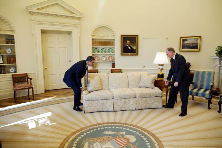 President Barack Obama is helped by Vermont Governor Jim Douglas to move a couch in the Oval Office 2/2/09. Governor Douglas met with the President about the economic recovery plan. 2/2/09
Official White House Photo by Pete Souza