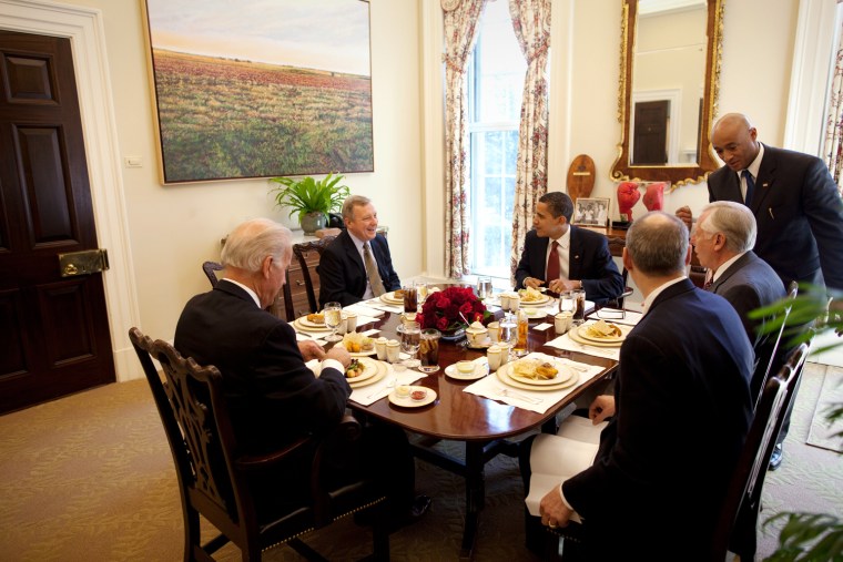 President Barack Obama and Congressional Members, Senator Richard Durbin and Rep. Steny Hoyer eat lunch with Vice President Joe Biden and Assistant to the President for Legislative Affairs Phil Schiliro in the Oval Office Private Dining Room 3/12/09. 
Official White House Photo by Pete Souza