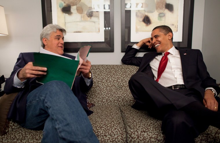 President Barack Obama shares a moment with Jay Leno off set of the Tonight Show at NBC Studios, Burbank, California 3/19/09.
 Official White House Photo by Pete Souza