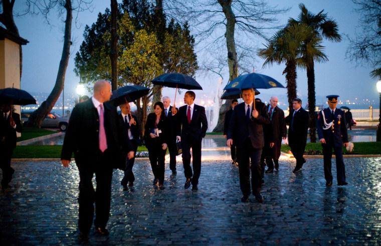 President Barack Obama and members of his staff arrive for a reception April 6, 2009, at the Dolmabahce Palace in Istanbul. Official White House Photo by Pete Souza
