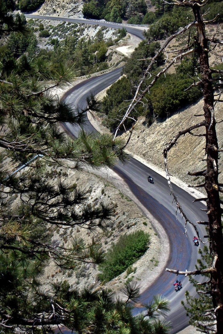 Image: a road winds through Angeles National Forest