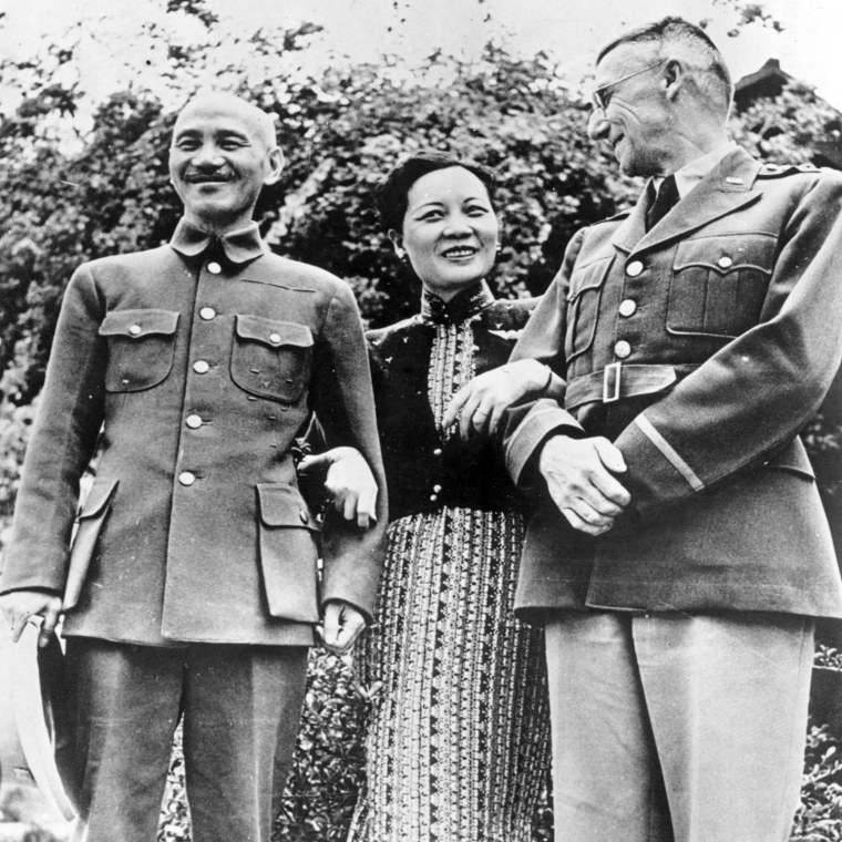Image: July 1942:  Chinese Nationalist military leader Generalissimo Chiang Kai-Shek with Madame Chiang and US Lieutenant General Joseph W Stilwell