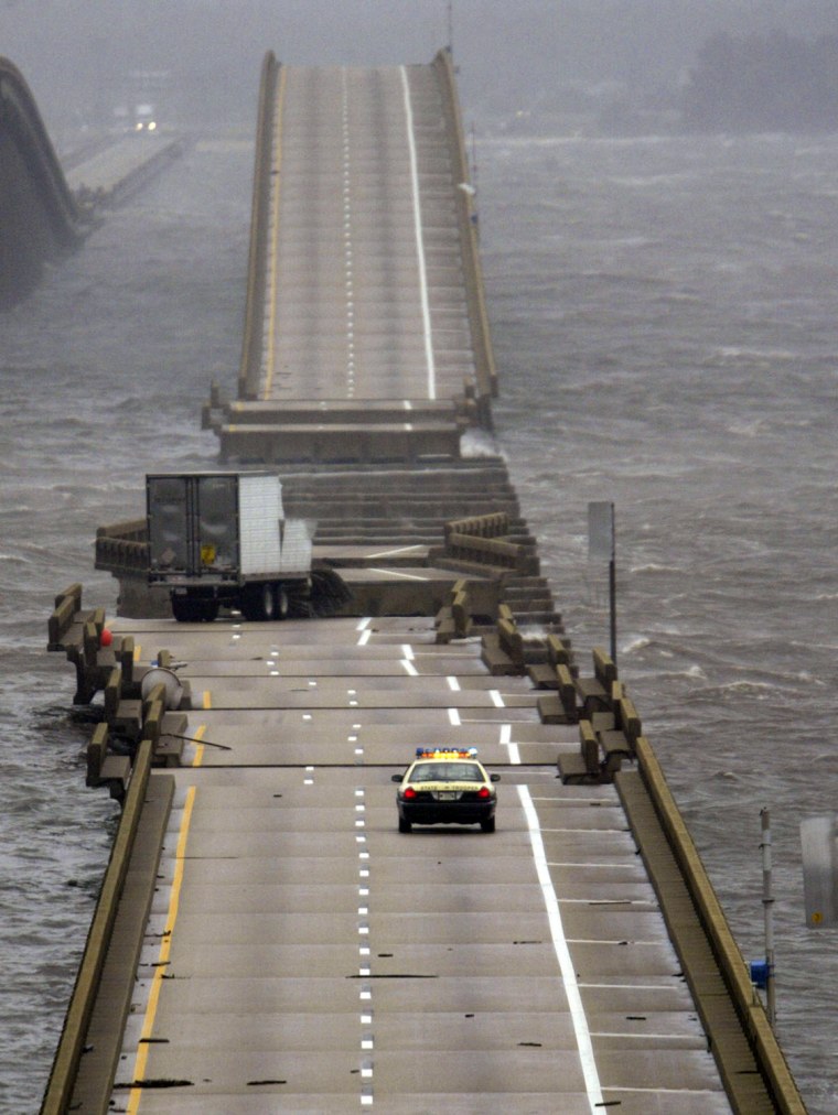 Highway bridge cut in two by Hurricane Ivan