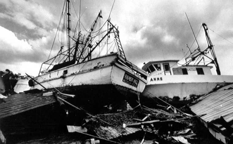 Shrimp boats lie wrecked on the beach in McClellanville, S.C., after Hurricane Hugo hit in this Sept. 26, 1989, photo. Hugo is still the storm by which South Carolinians measure them all. When word came last week that Hurricane Floyd could be another Hugo, hundreds of thousands of people from Florida to the Carolinas fled inland. (AP Photo/The State, Jeff Amberg)