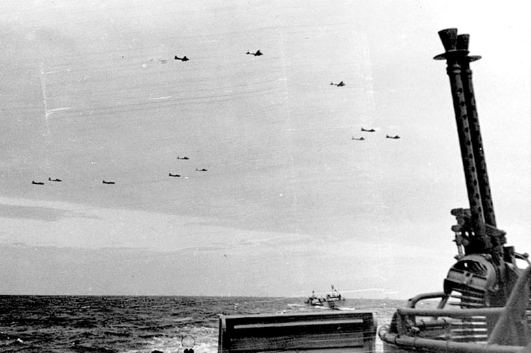 PT boats crossing the English Channel, with B-17s overhead, June 6, 1944.