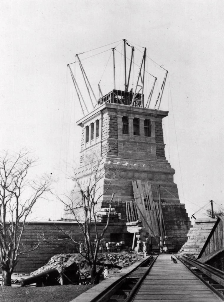 FILE--The pedestal for the Statue of Liberty, designed by Richard Morris Hunt, during its construction March 6, 1886.  Long before Morris Hunt designed the pedestal and others for statues in Washington, he learned something about stonework as one of the first Americans nearly 150 years ago to view the ruins of ancient Egypt. (AP Photo/AIP)