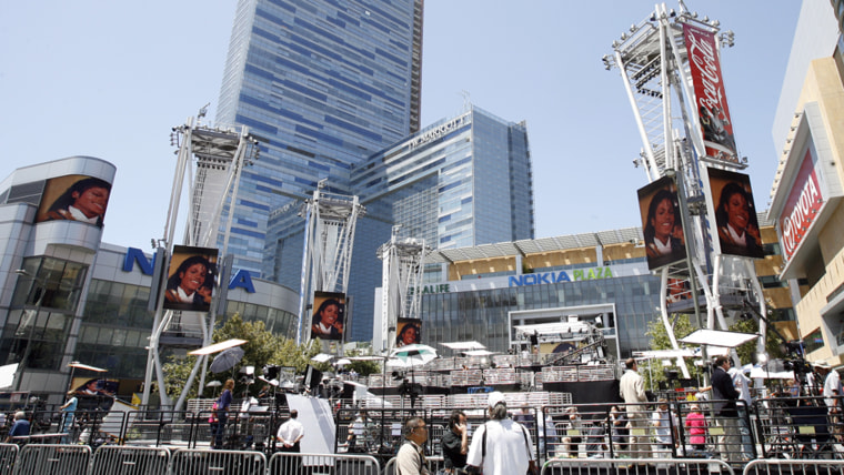 Image: Media is pictured set up outside Nokia theatre in Los Angeles