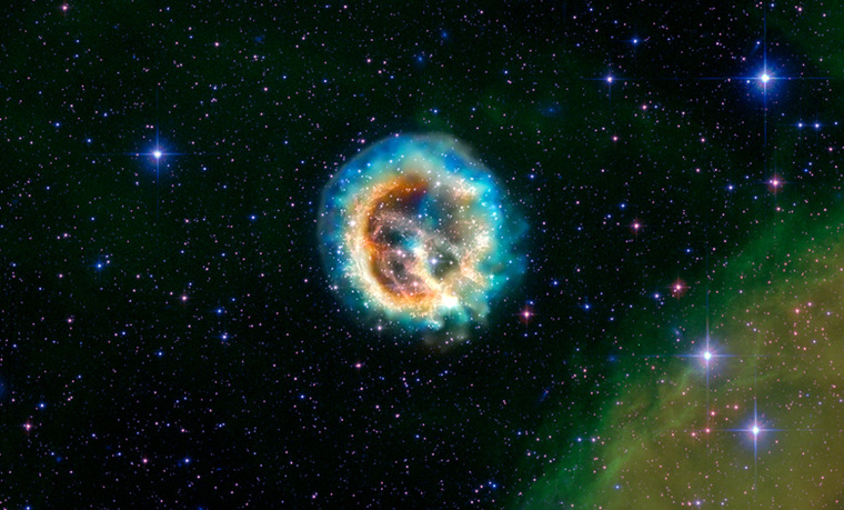 This image of the debris of an exploded star - known as supernova remnant 1E 0102.2-7219, or \"E0102\" for short - features data from NASA's Chandra X-ray Observatory. E0102 is located about 190,000 light years away in the Small Magellanic Cloud, one of the nearest galaxies to the Milky Way. It was created when a star that was much more massive than the Sun exploded, an event that would have been visible from the Southern Hemisphere of the Earth over 1000 years ago.