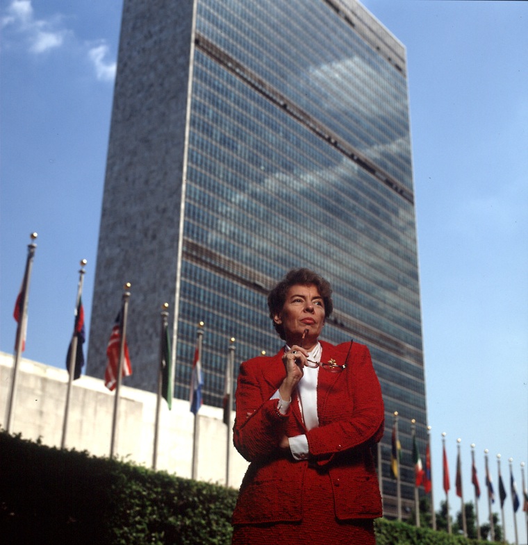 Portrait of US Amb to UN Jeane Kirkpatrick outside United N