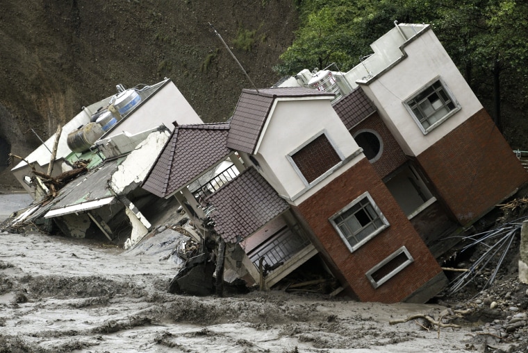 Image: Damaged buildings are seen after Typhoon Morakot swept Kaohsiung county