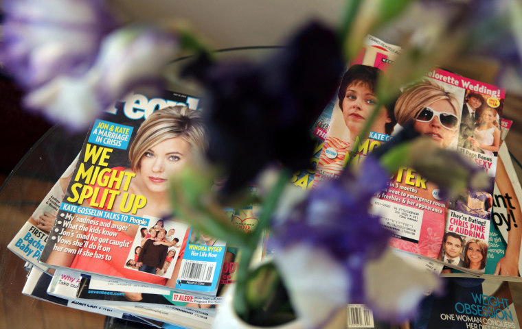 In this photo taken Thursday, May 28, 2009, magazines featuring Kate Gosselin are seen on a small table  in Lotus Salon in Wernersville, Pa. Jon, Kate and their eight have attracted a huge TV audience and a state labor investigation. The Pennsylvania Department of Labor says it's looking into whether the hit reality show \"Jon & Kate Plus 8\" is complying with the state's child labor law, given the tender ages of its stars.  (AP Photo/Carolyn Kaster)
