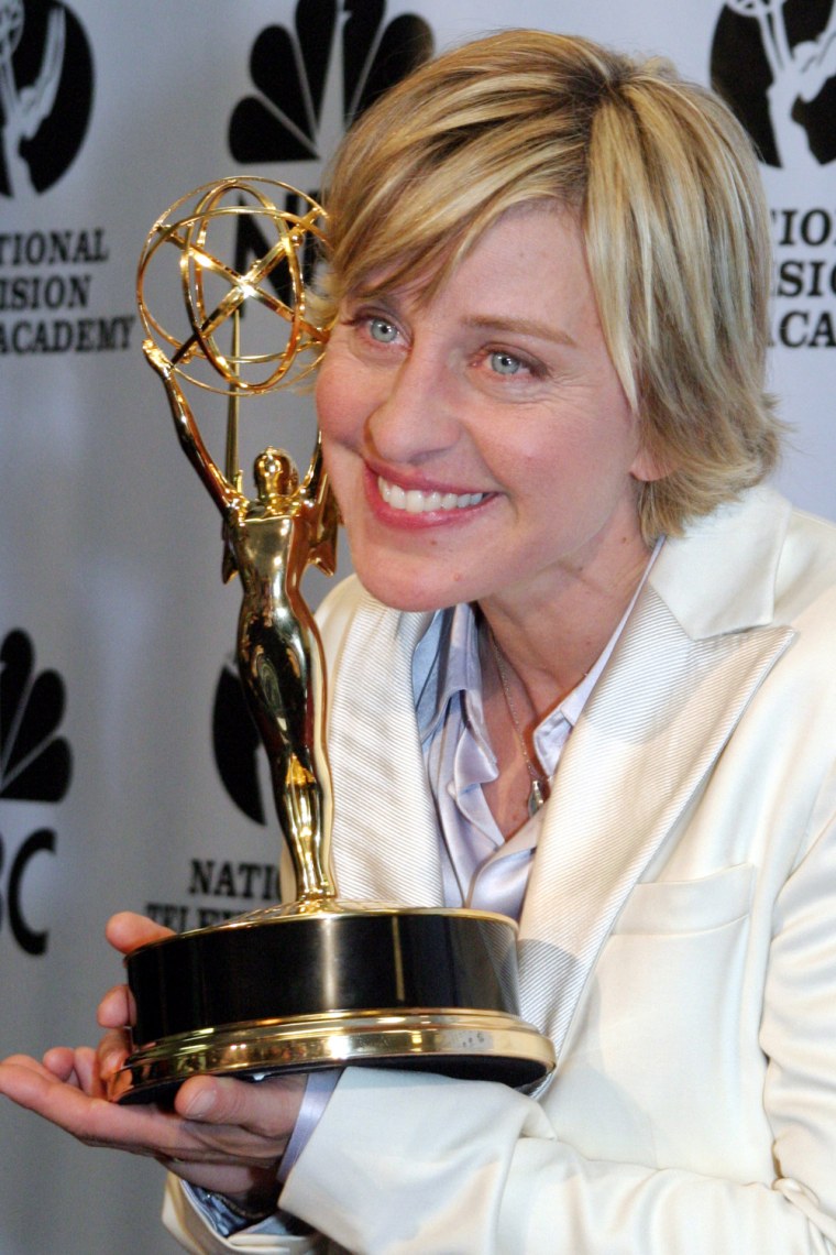 Ellen Degeneres holds her Emmy after winning for \"Outstanding Talk Show\" at the 31st Annual Daytime Emmy Awards Friday, May  21, 2004 in New York. (AP Photo/Tina Fineberg)