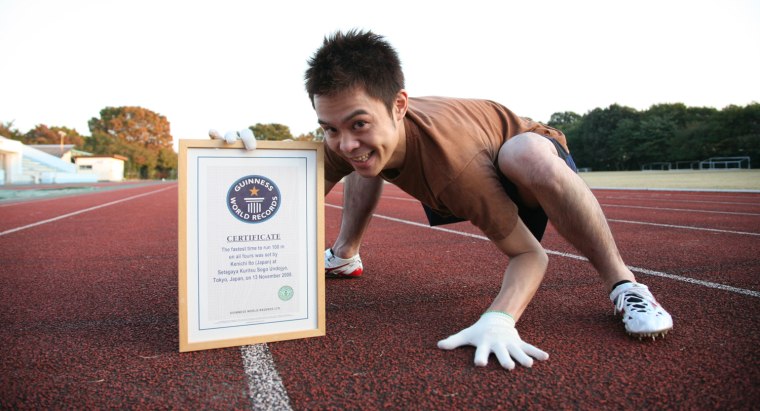 Fastest 100m running on all fours
The fastest time to run 100m on all fours is 18.58 seconds and was set by Kenichi Ito (Japan) at Setagaya Kuritsu Sogo Undojyo, Tokyo, Japan, on 13 November 2008.The record attempt was part of GWR Day 2008.