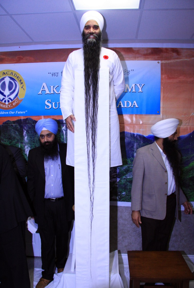 The beard of Sarwan Singh (Canada), measures 2.33 m (7 ft 8 in) from the end of his chin to the tip of the beard, as of 11 November 2008.
