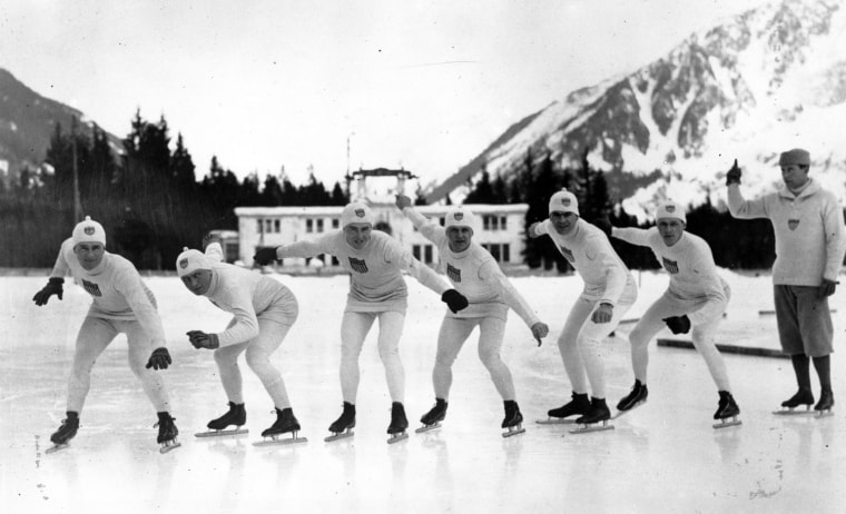 January 1924:  A group of American skaters practising for the 1924 Winter Olympics at Chamonix.  (Photo by Topical Press Agency/Getty Images)