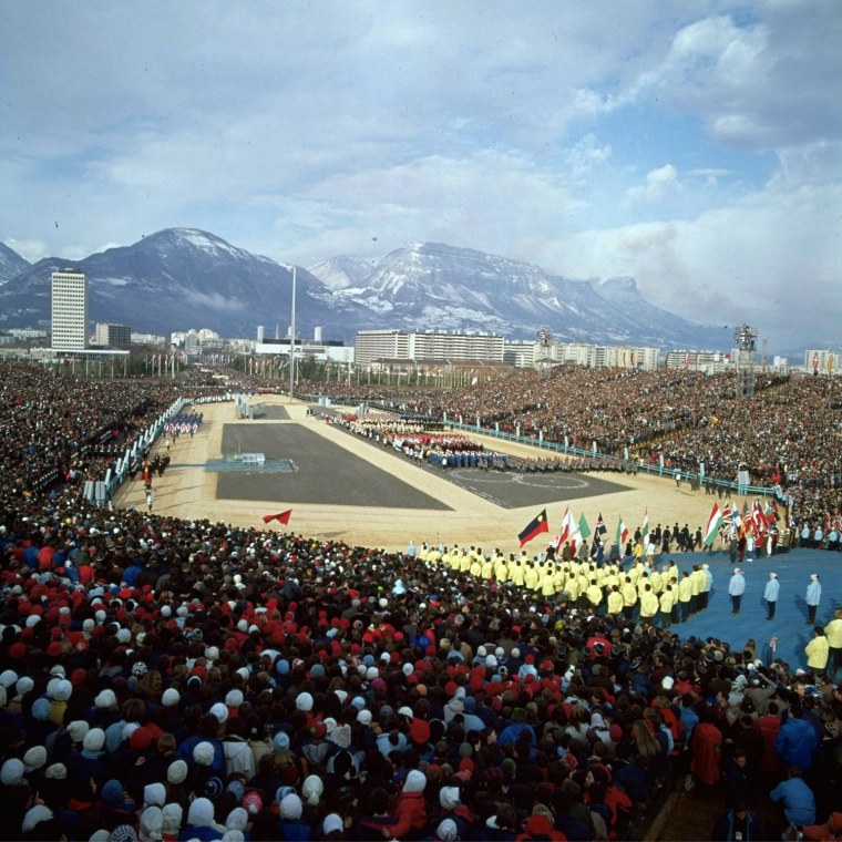 General view of the Delegations Parade during the Opening Ceremony of the 1968 Winter Olympics